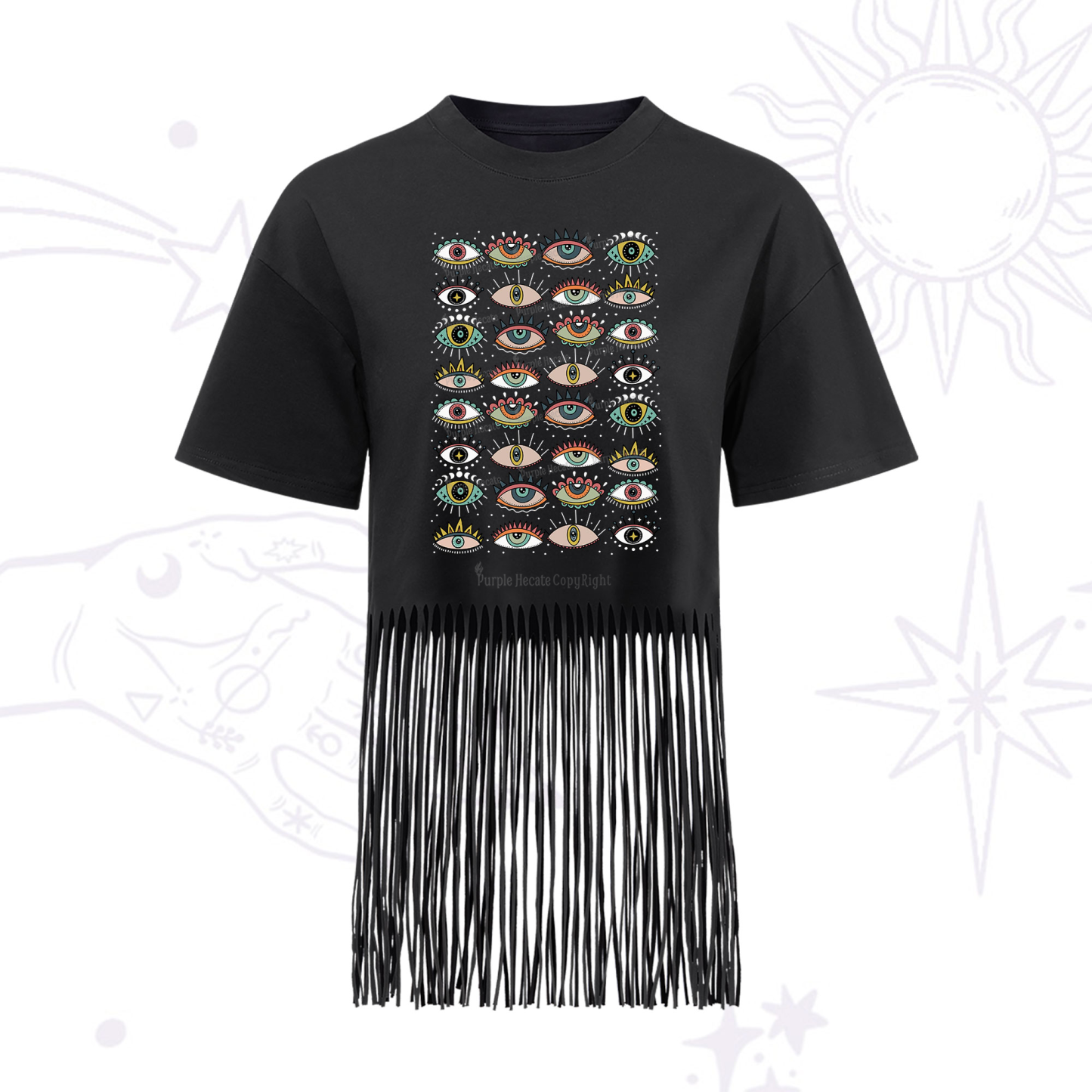 Purplehecate Evil Eye Pattern Fringe Hem T-Shirt