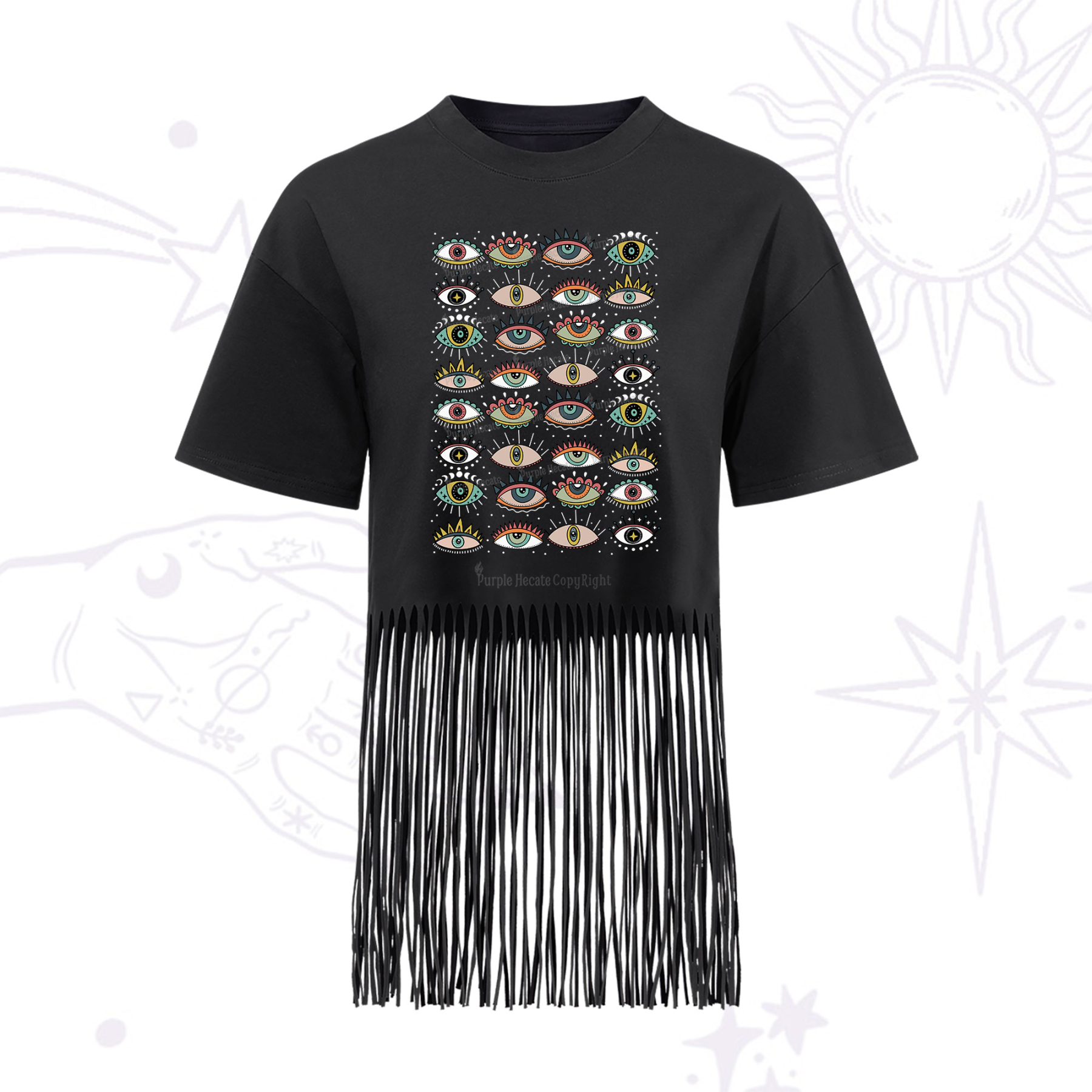 Purplehecate Evil Eye Pattern Fringe Hem T-Shirt
