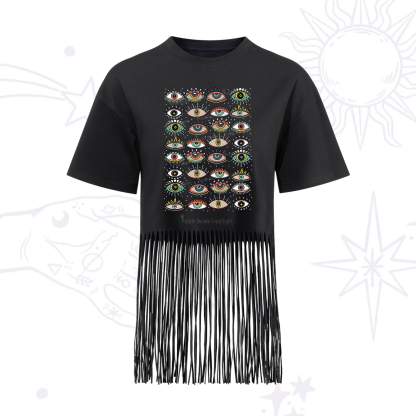 Purplehecate Evil Eye Pattern Fringe Hem T-Shirt