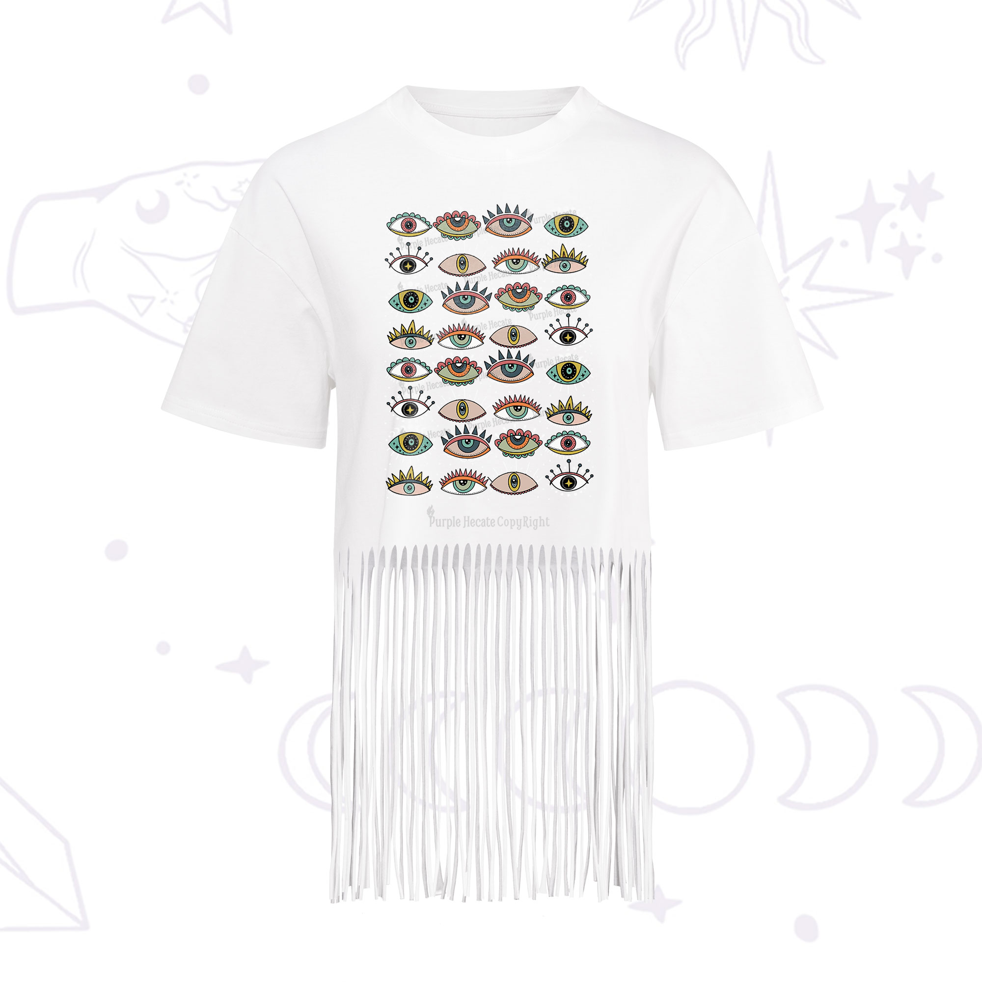 Purplehecate Evil Eye Pattern Fringe Hem T-Shirt