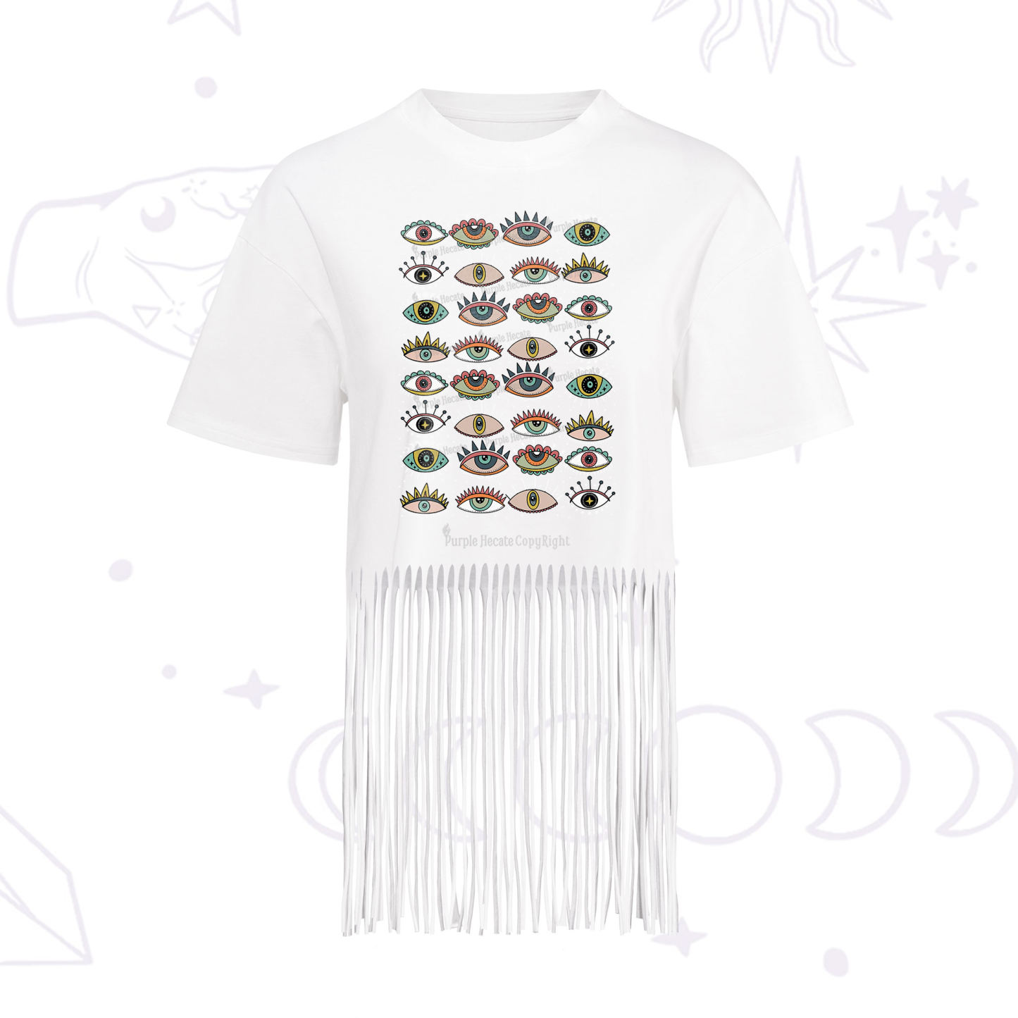 Purplehecate Evil Eye Pattern Fringe Hem T-Shirt
