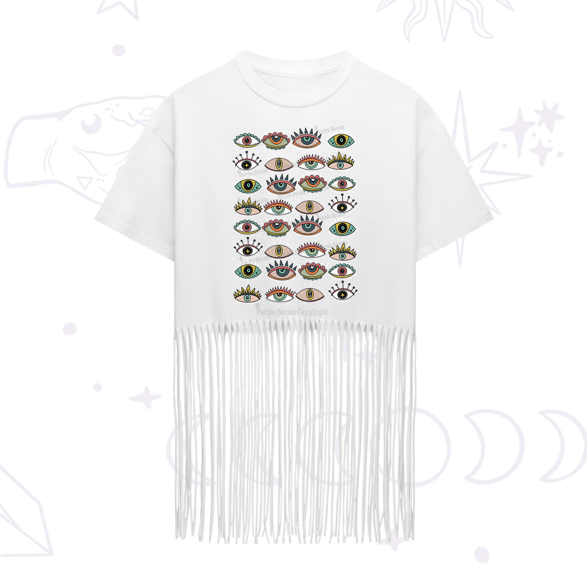 Purplehecate Evil Eye Pattern Fringe Hem T-Shirt