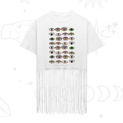 Purplehecate Evil Eye Pattern Fringe Hem T-Shirt