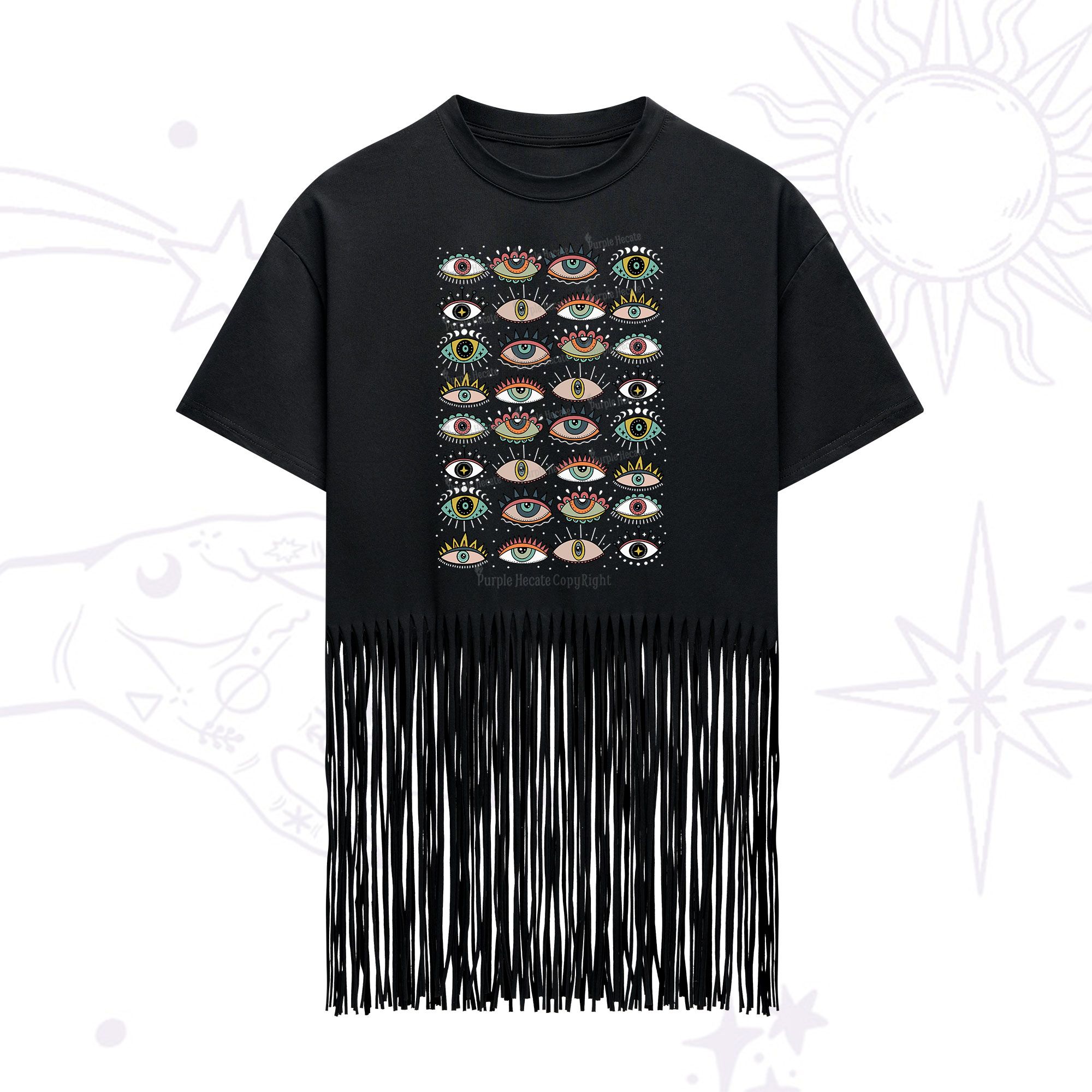 Purplehecate Evil Eye Pattern Fringe Hem T-Shirt
