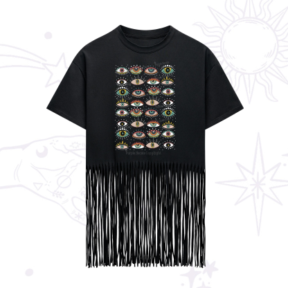 Purplehecate Evil Eye Pattern Fringe Hem T-Shirt