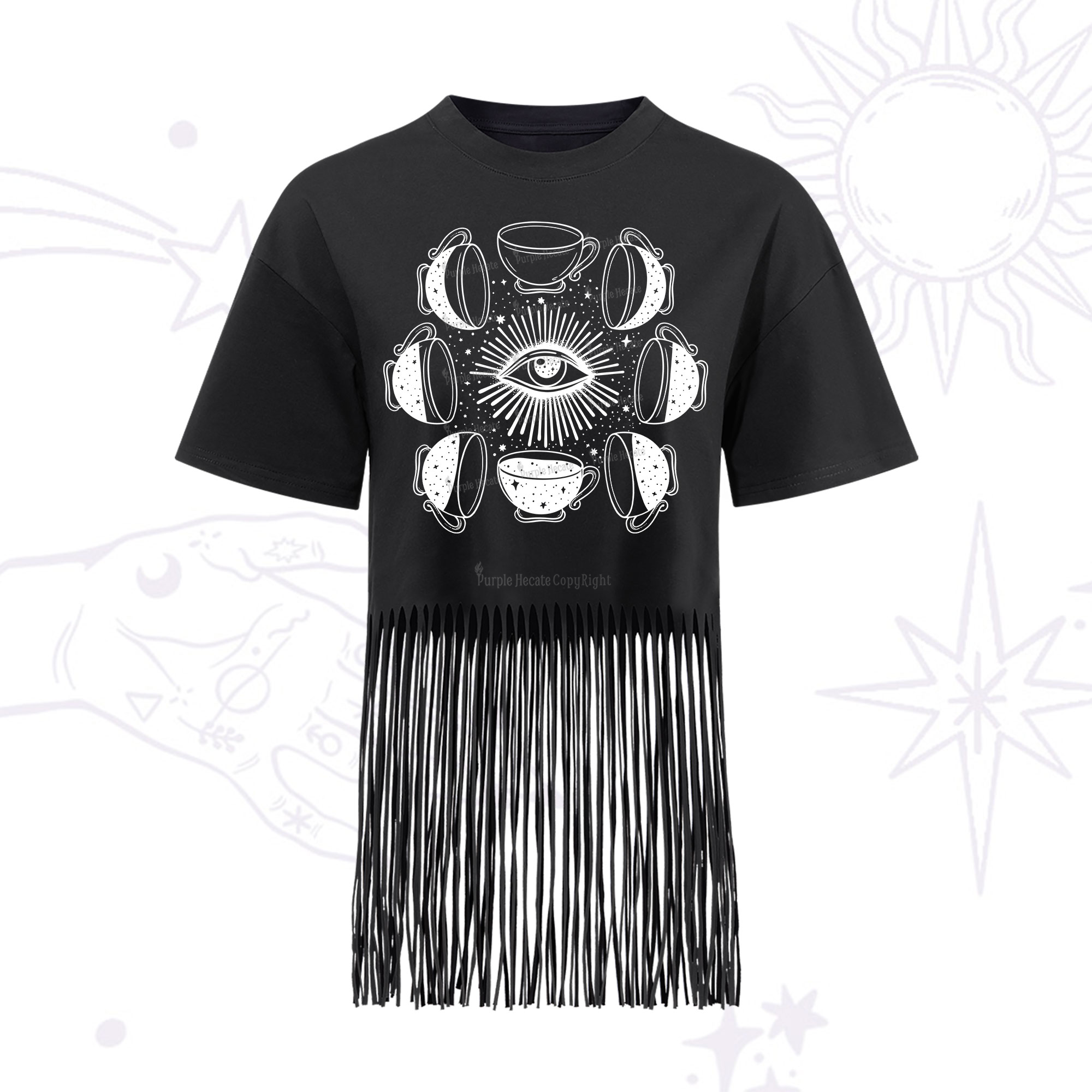 Purplehecate Moon Phase Coffee Fringe Hem T-Shirt