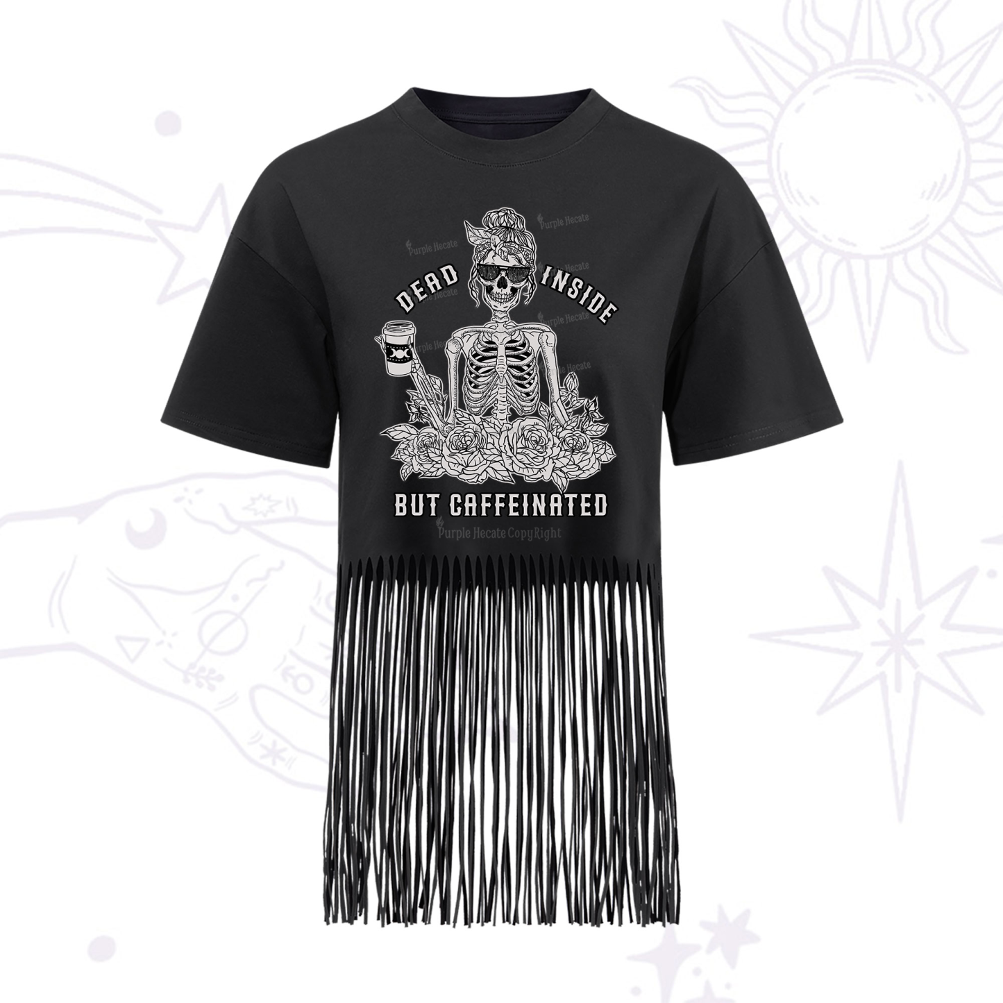 Purplehecate Dead Inside But Caffeinated Fringe Hem T-Shirt