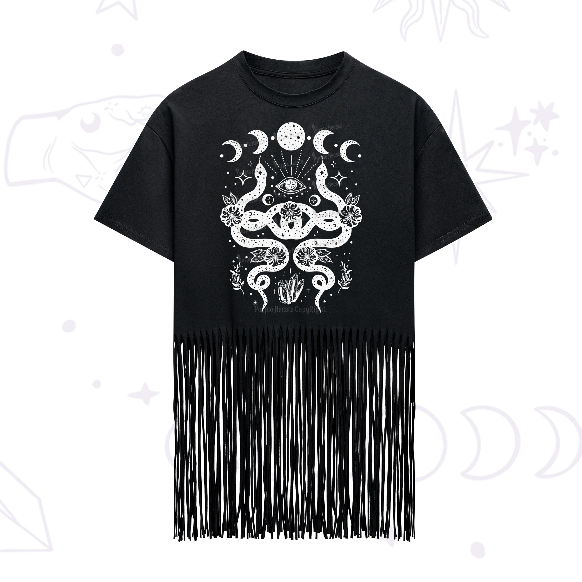 Purplehecate Lunar Serpent Alchemy Fringe Hem T-Shirt