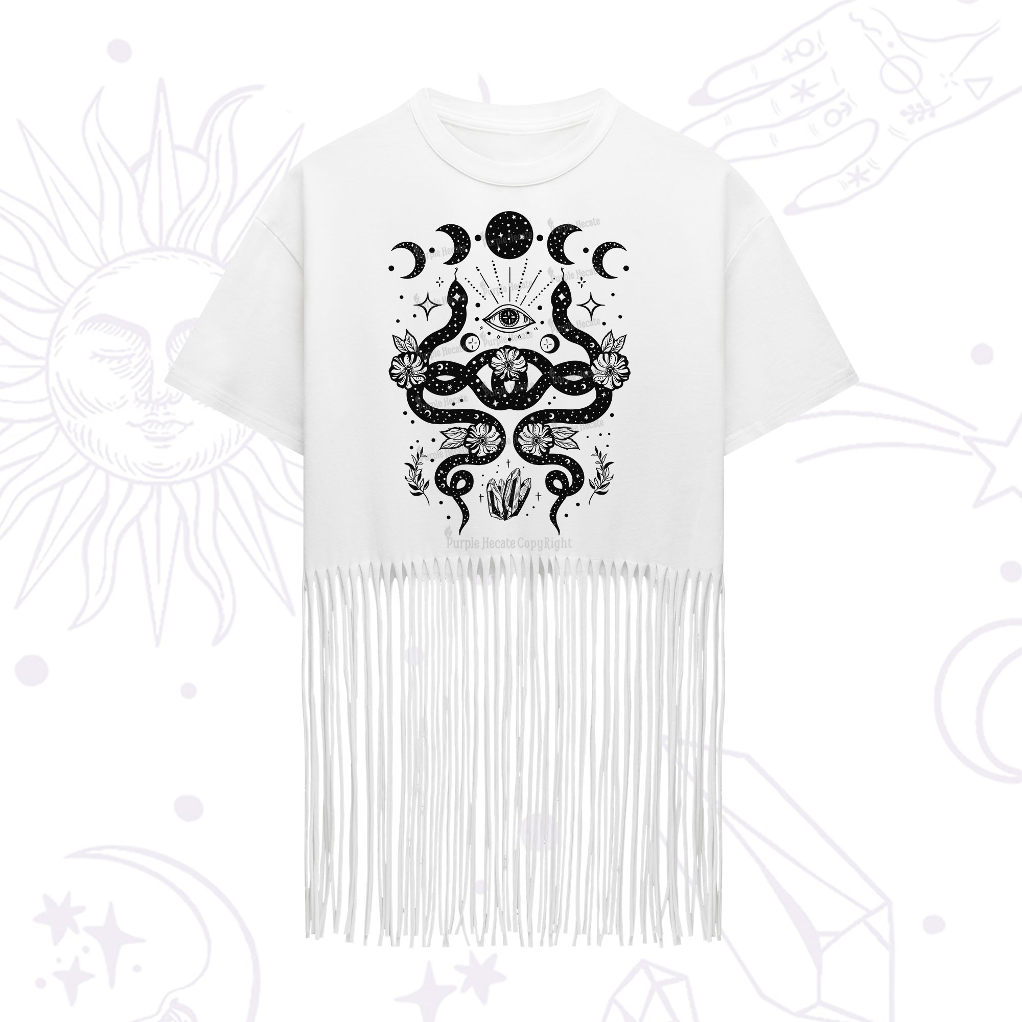 Purplehecate Lunar Serpent Alchemy Fringe Hem T-Shirt
