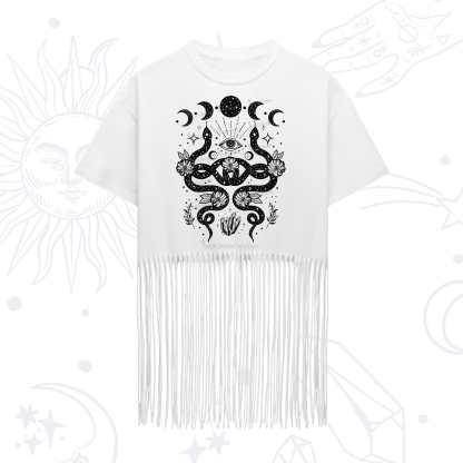 Purplehecate Lunar Serpent Alchemy Fringe Hem T-Shirt