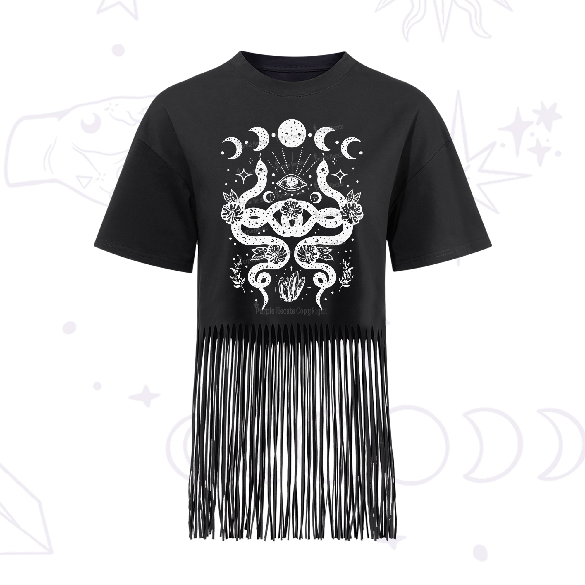 Purplehecate Lunar Serpent Alchemy Fringe Hem T-Shirt