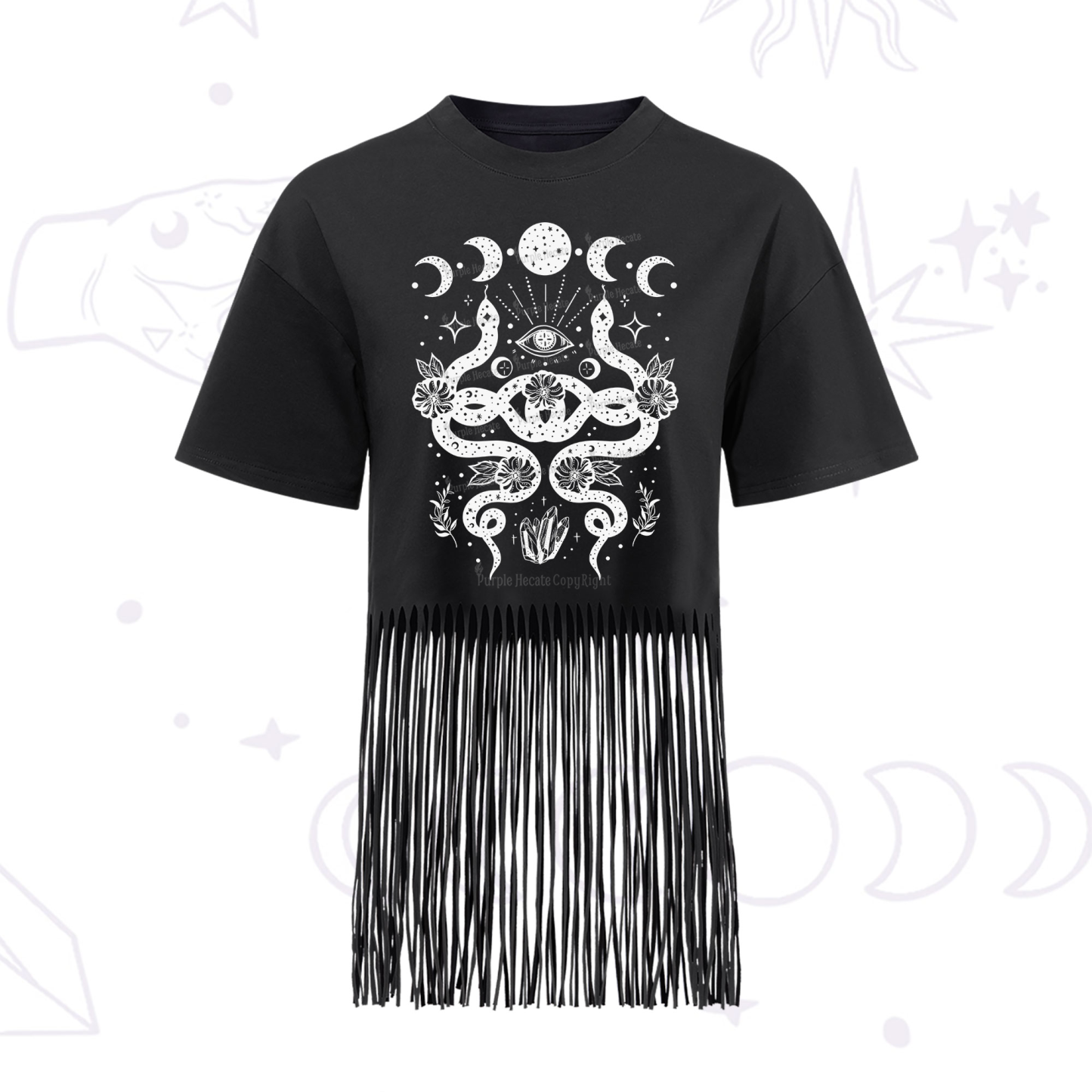 Purplehecate Lunar Serpent Alchemy Fringe Hem T-Shirt