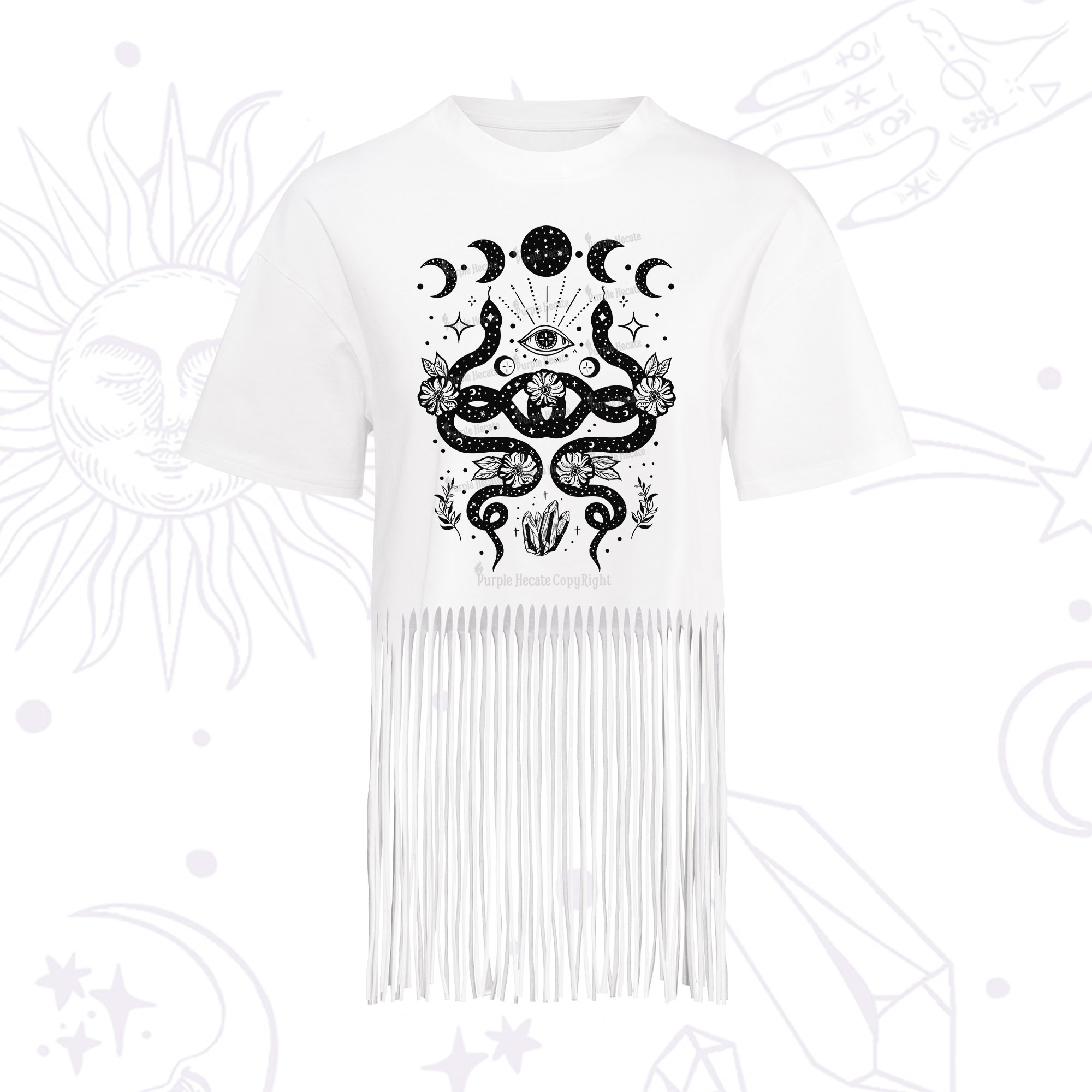 Purplehecate Lunar Serpent Alchemy Fringe Hem T-Shirt