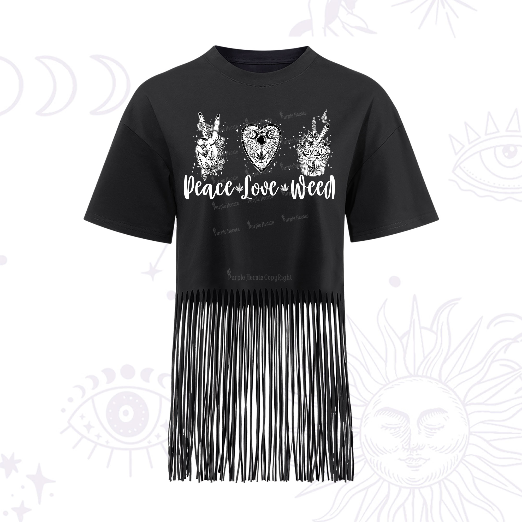 Purplehecate Peace Love Weed Fringe Hem T-Shirt
