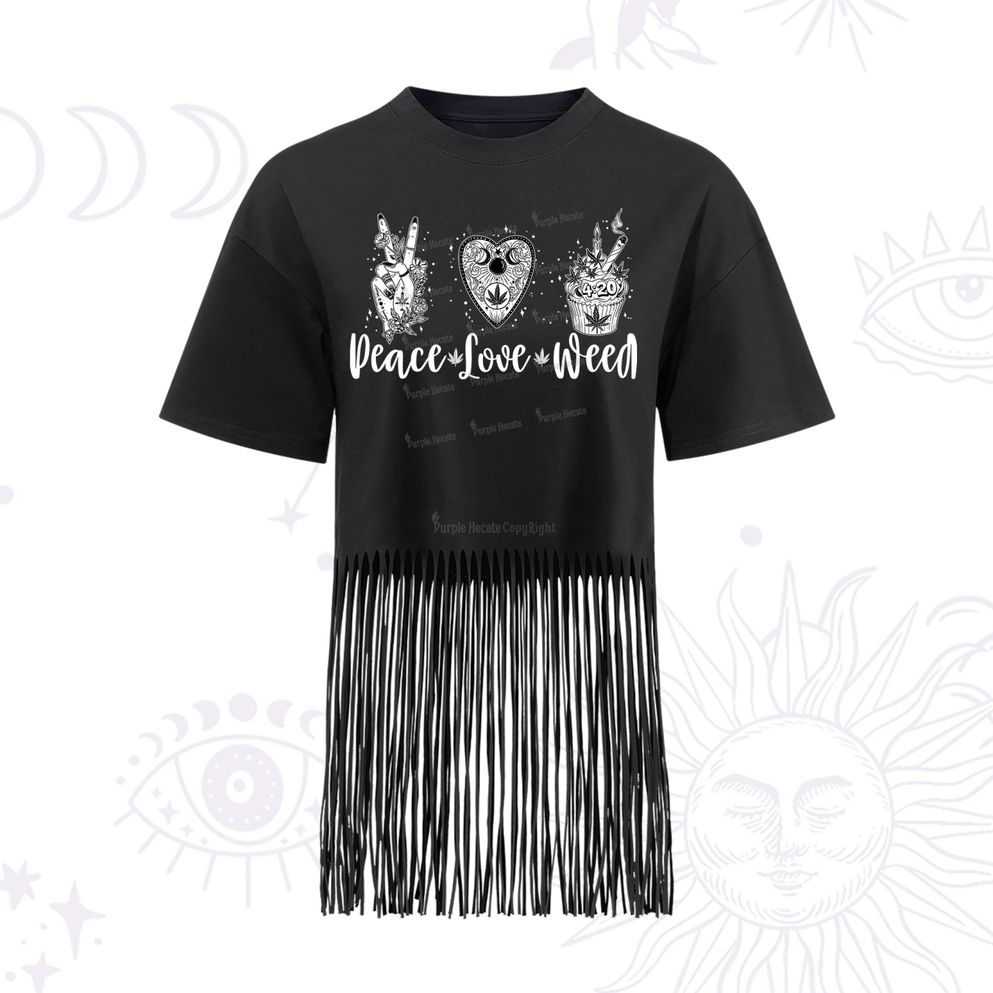 Purplehecate Peace Love Weed Fringe Hem T-Shirt