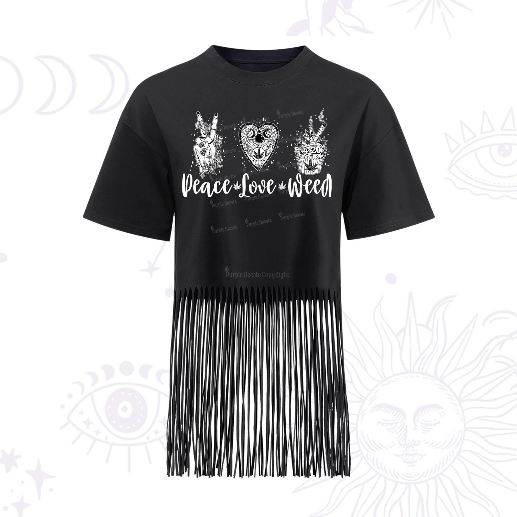 Purplehecate Peace Love Weed Fringe Hem T-Shirt