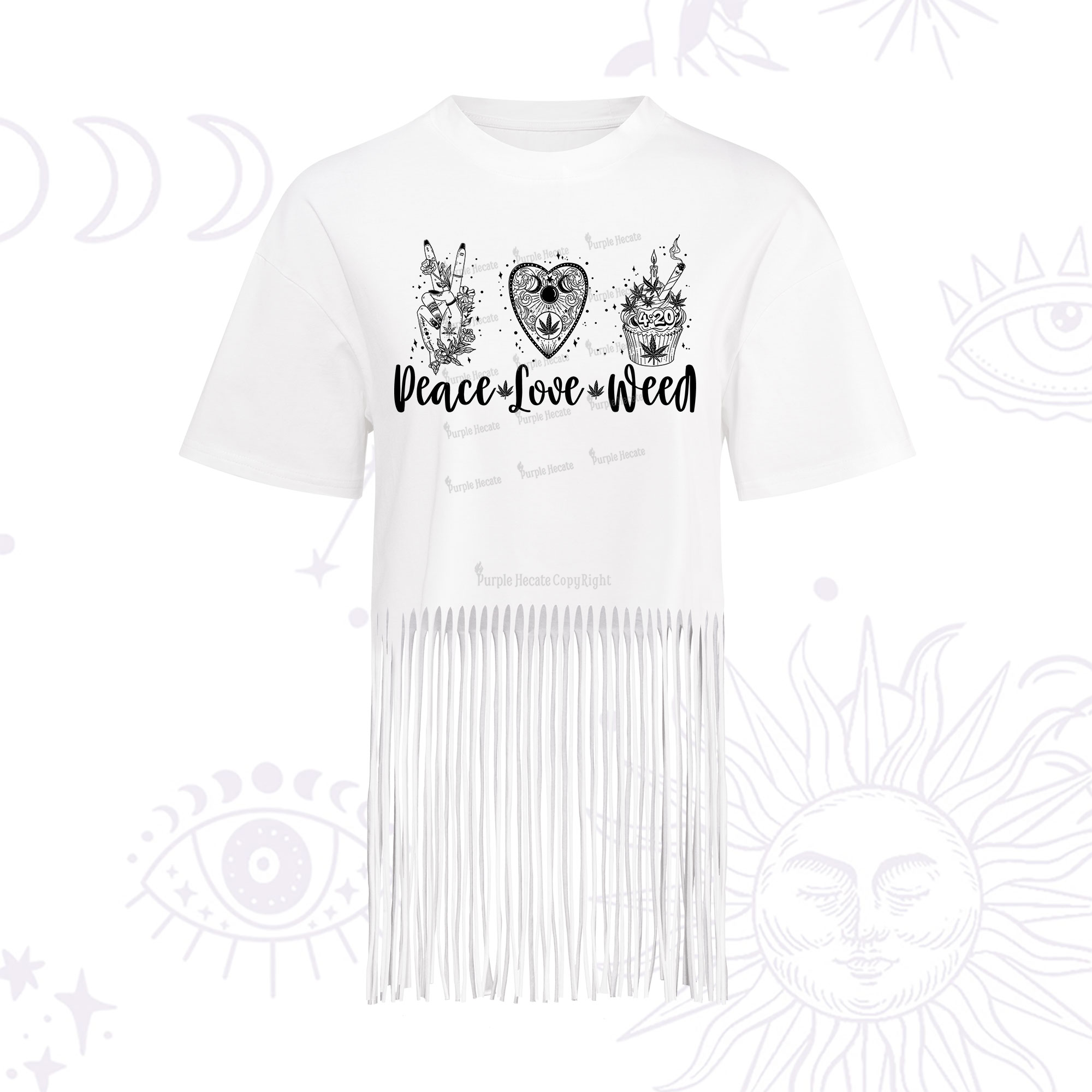 Purplehecate Peace Love Weed Fringe Hem T-Shirt