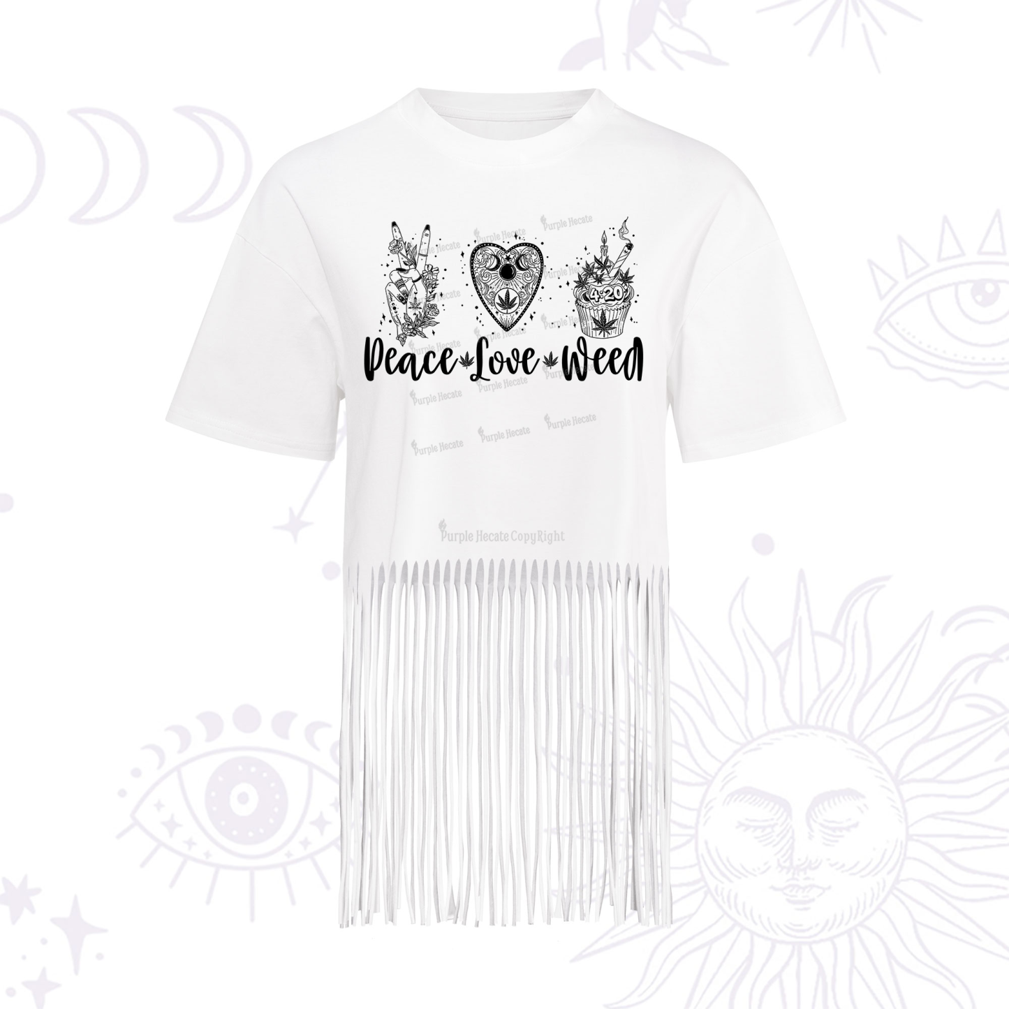Purplehecate Peace Love Weed Fringe Hem T-Shirt