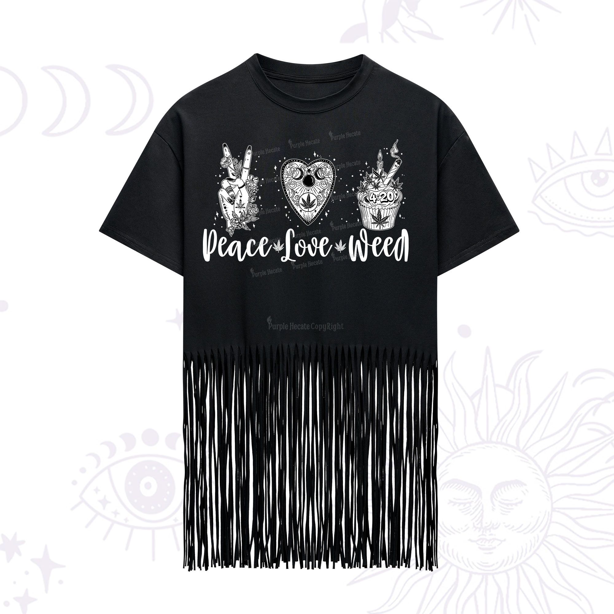 Purplehecate Peace Love Weed Fringe Hem T-Shirt