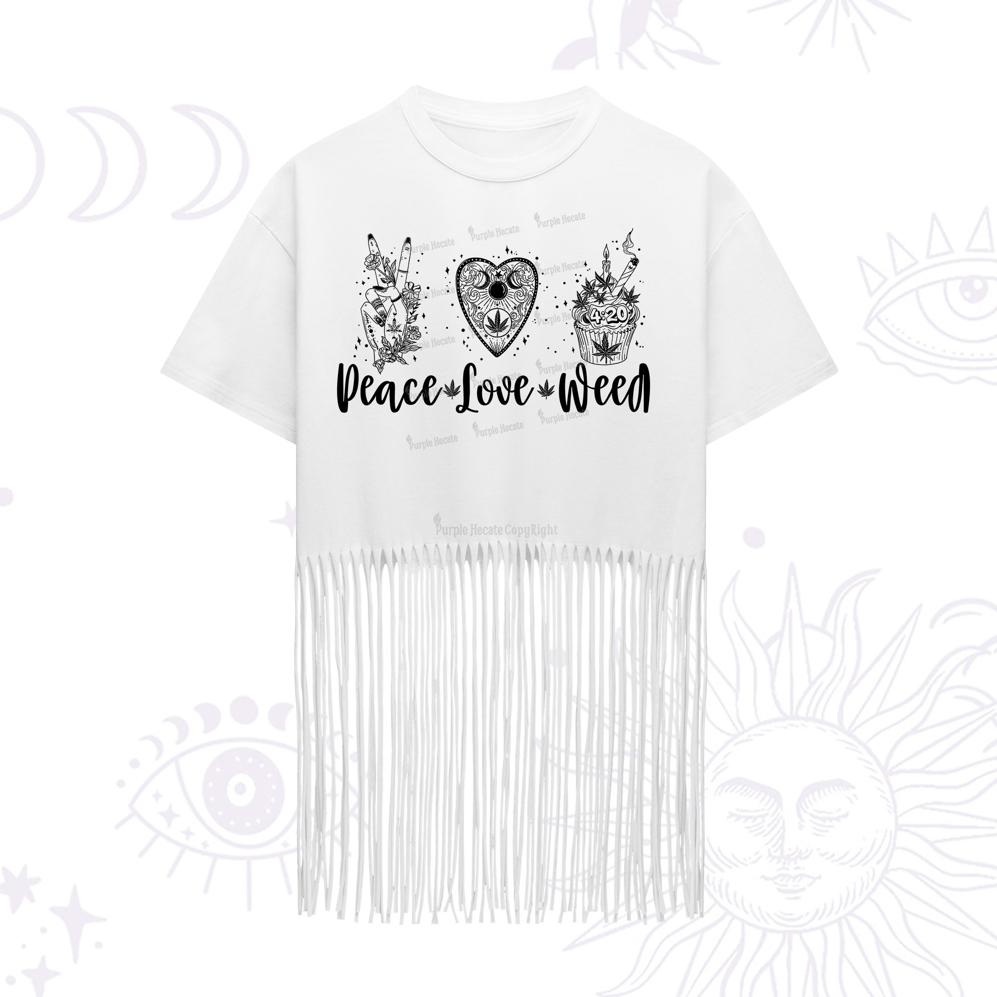 Purplehecate Peace Love Weed Fringe Hem T-Shirt