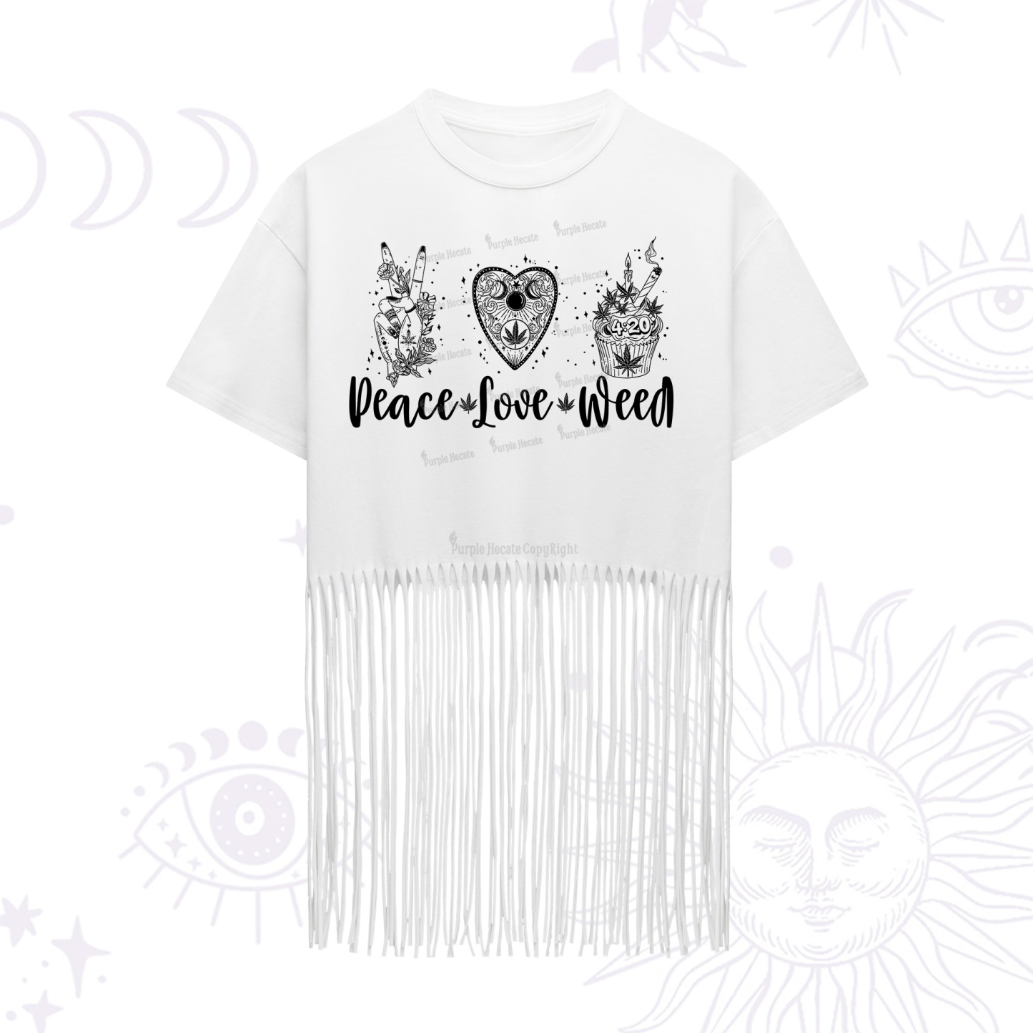 Purplehecate Peace Love Weed Fringe Hem T-Shirt