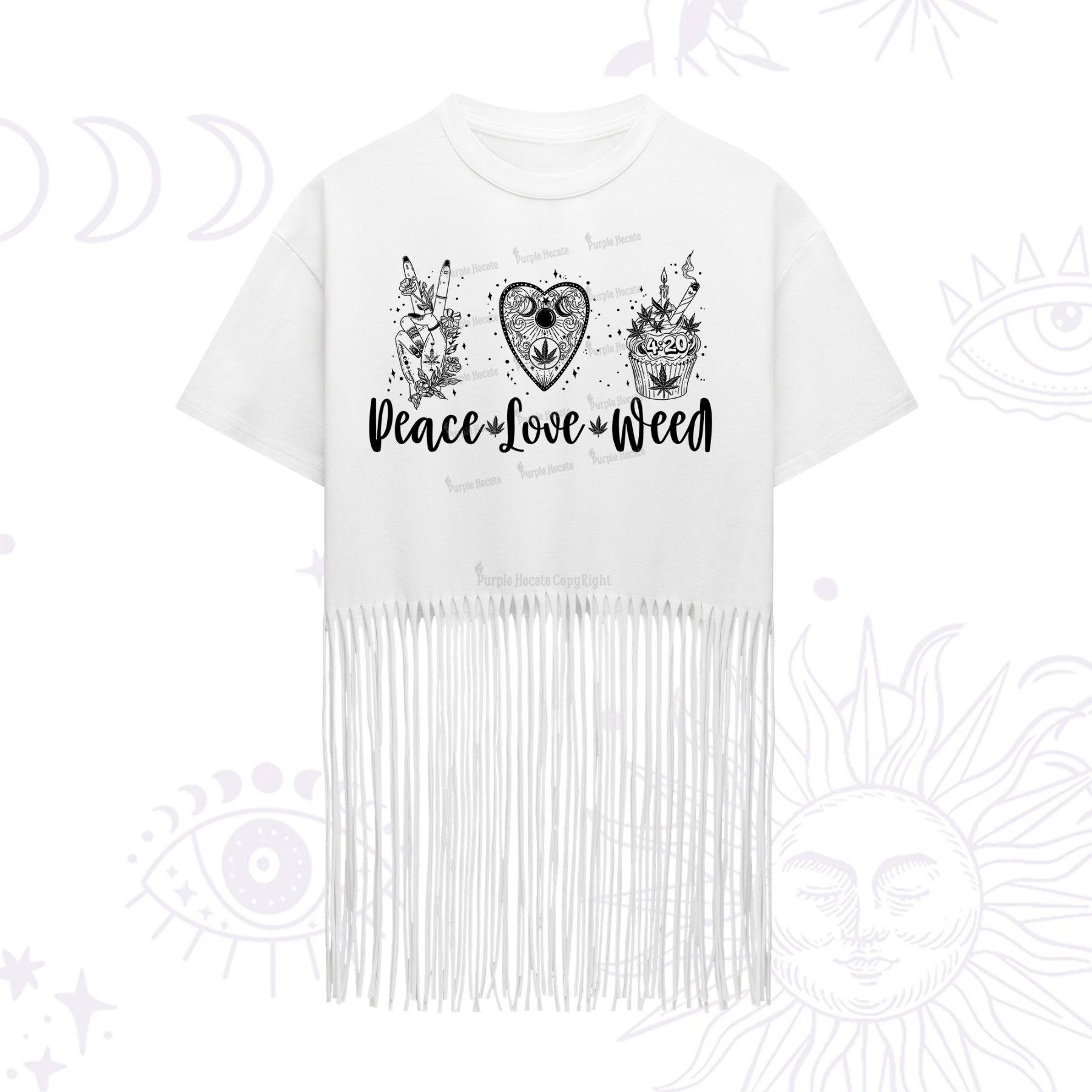 Purplehecate Peace Love Weed Fringe Hem T-Shirt