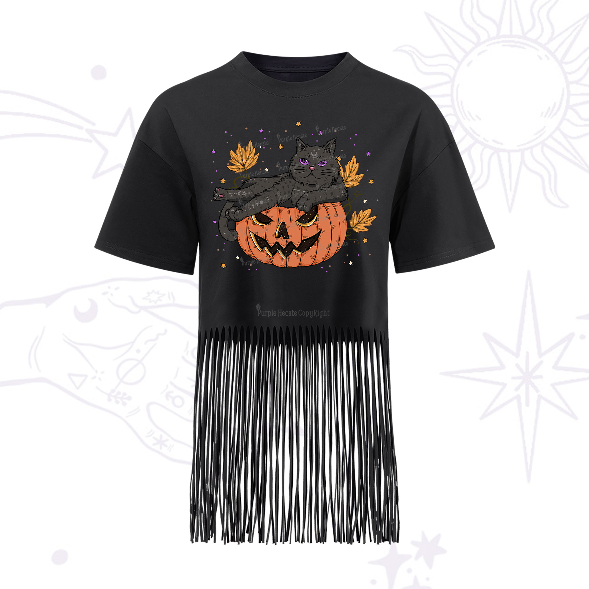 Purplehecate Pumpkin Throne of the Witch Cat Fringe Hem T-Shirt