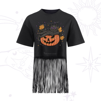 Purplehecate Pumpkin Throne of the Witch Cat Fringe Hem T-Shirt