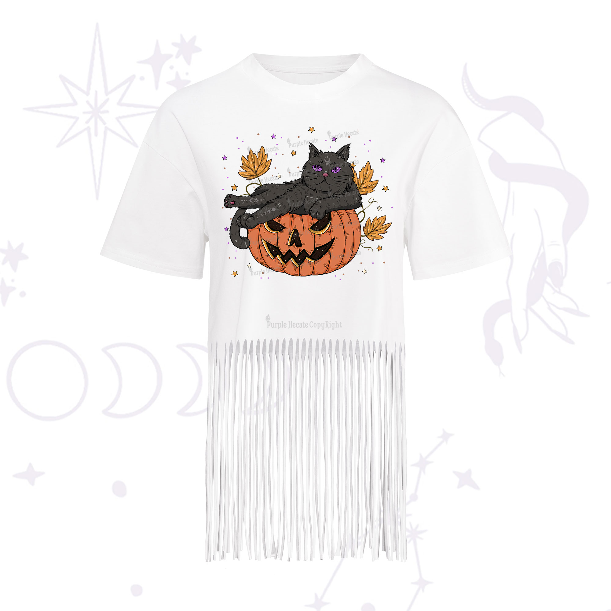 Purplehecate Pumpkin Throne of the Witch Cat Fringe Hem T-Shirt