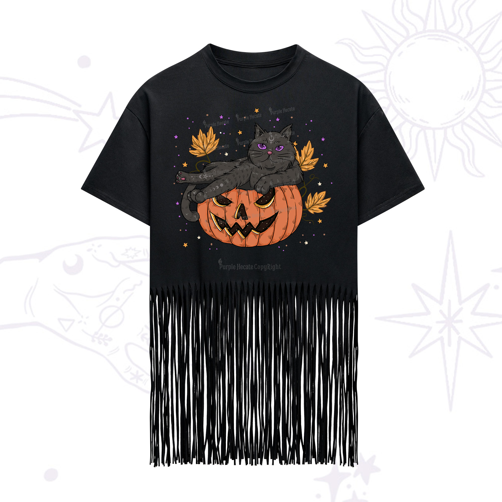 Purplehecate Pumpkin Throne of the Witch Cat Fringe Hem T-Shirt