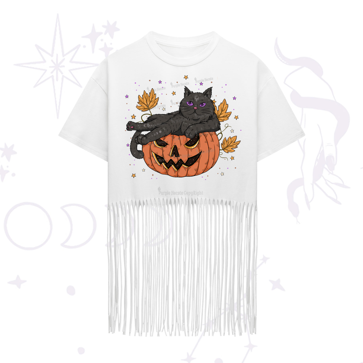 Purplehecate Pumpkin Throne of the Witch Cat Fringe Hem T-Shirt