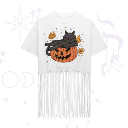 Purplehecate Pumpkin Throne of the Witch Cat Fringe Hem T-Shirt