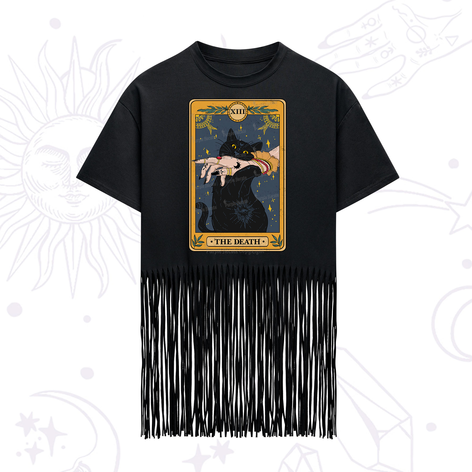 Purplehecate The Death Card Tarot Cat Fringe Hem T-Shirt