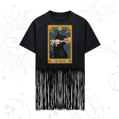 Purplehecate The Death Card Tarot Cat Fringe Hem T-Shirt