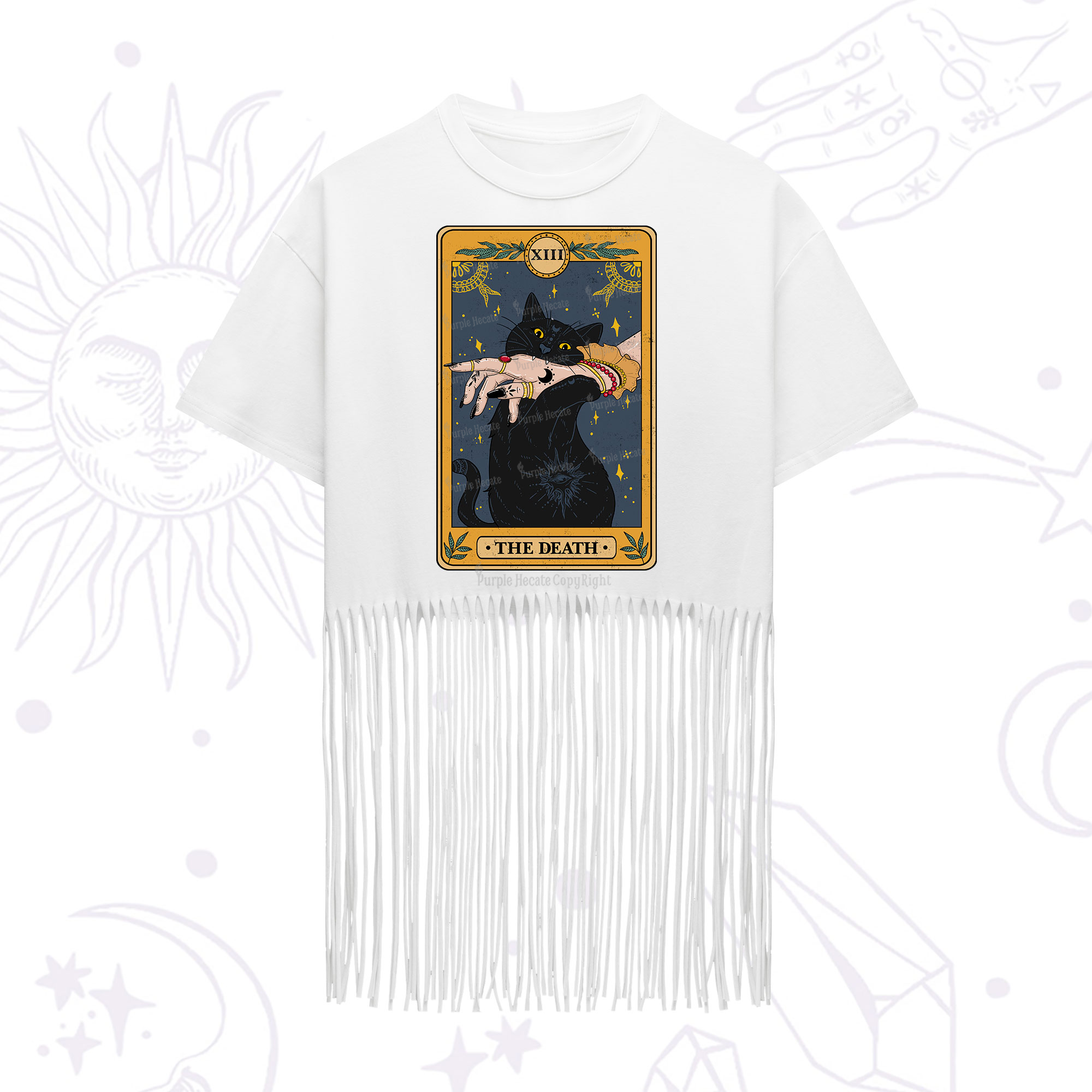Purplehecate The Death Card Tarot Cat Fringe Hem T-Shirt