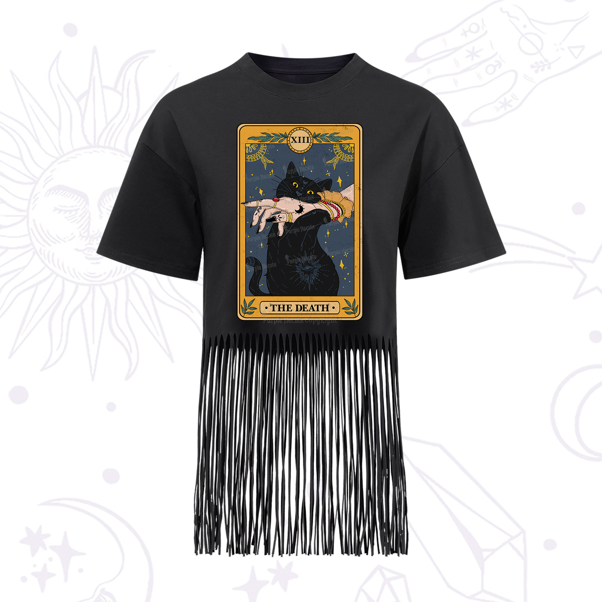 Purplehecate The Death Card Tarot Cat Fringe Hem T-Shirt