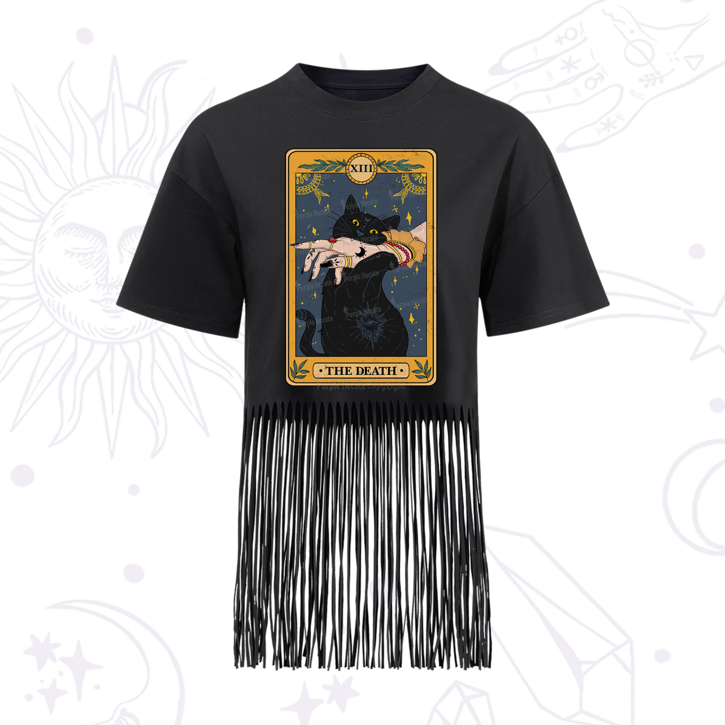 Purplehecate The Death Card Tarot Cat Fringe Hem T-Shirt