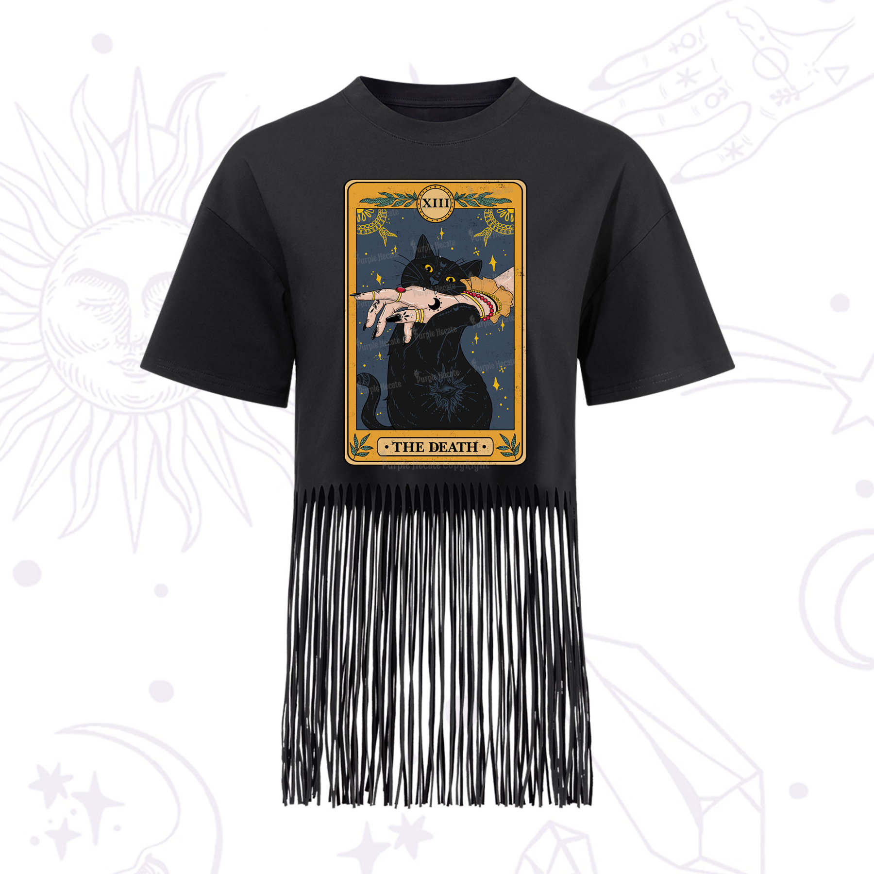 Purplehecate The Death Card Tarot Cat Fringe Hem T-Shirt