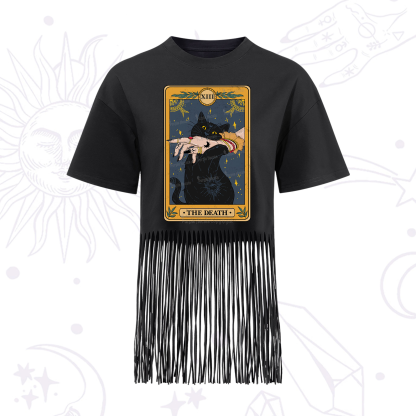 Purplehecate The Death Card Tarot Cat Fringe Hem T-Shirt