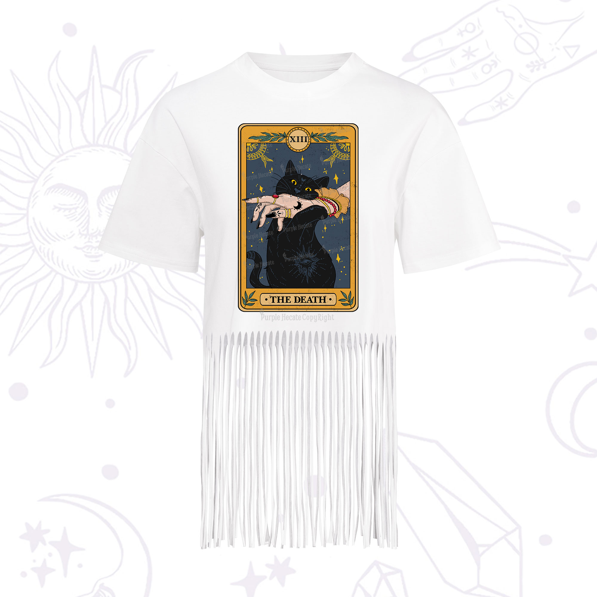 Purplehecate The Death Card Tarot Cat Fringe Hem T-Shirt