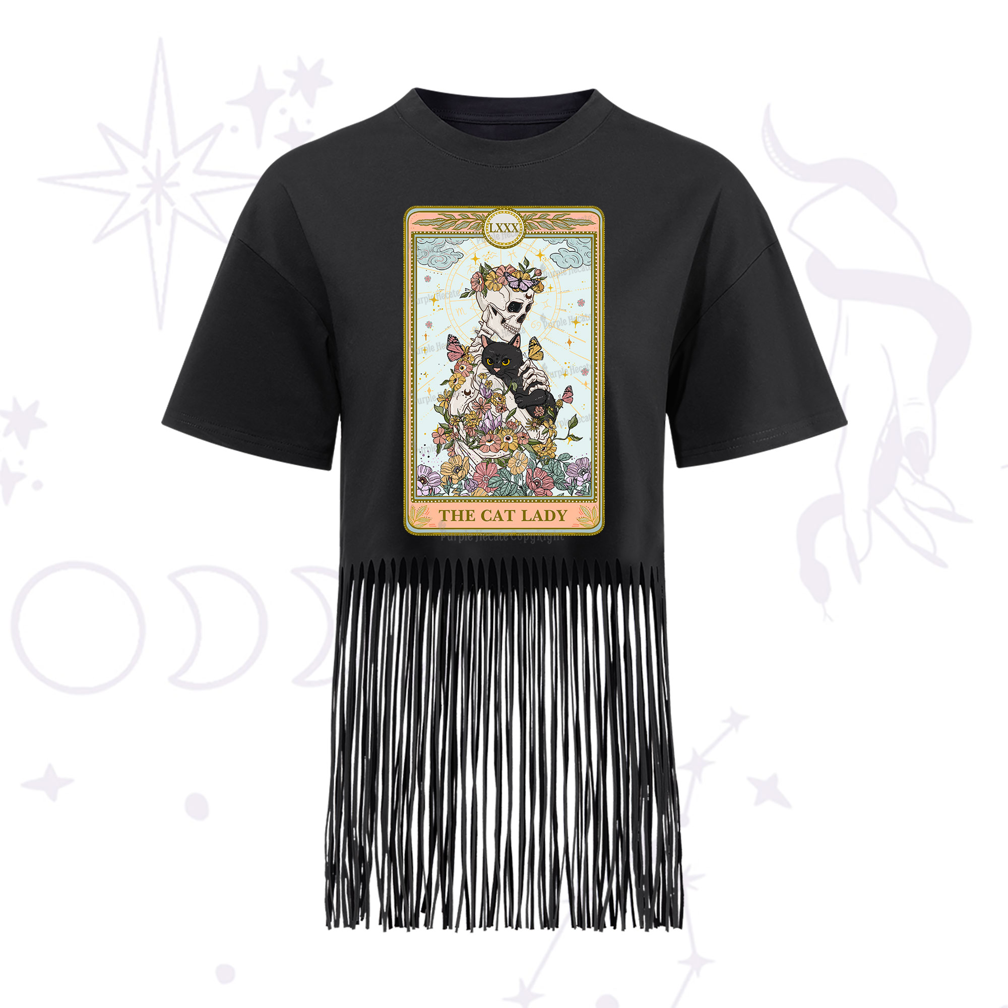 Purplehecate The Cat Lady Skeleton Tarot Fringe Hem T-Shirt