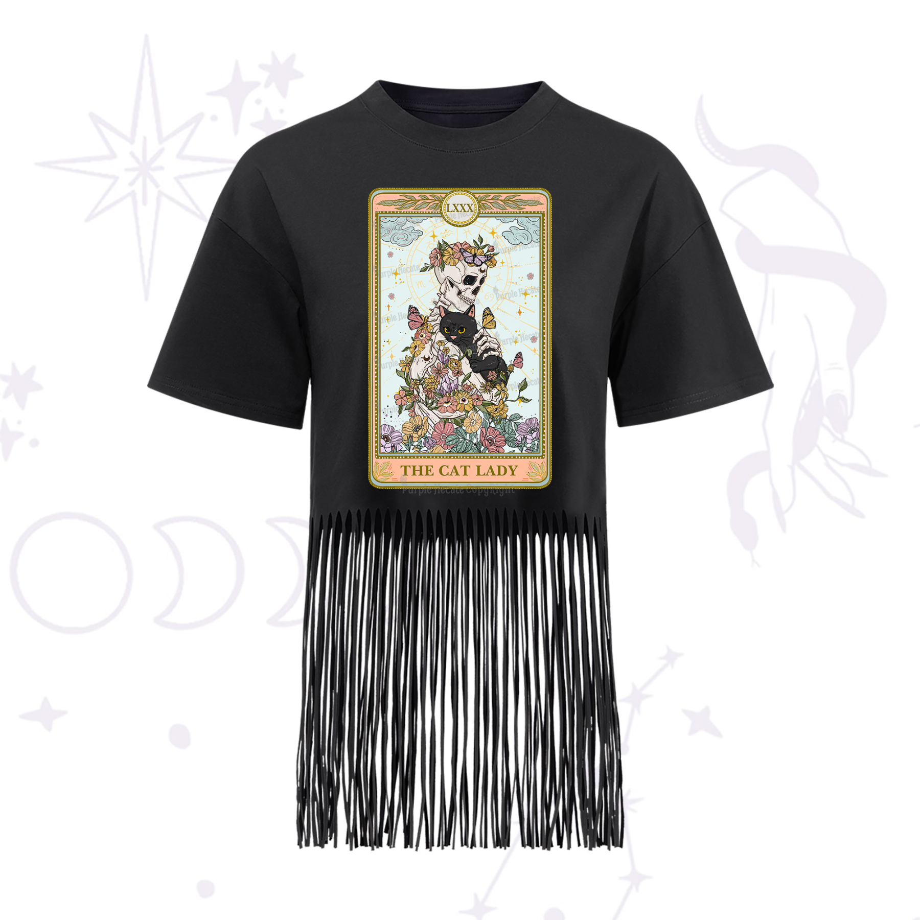 Purplehecate The Cat Lady Skeleton Tarot Fringe Hem T-Shirt