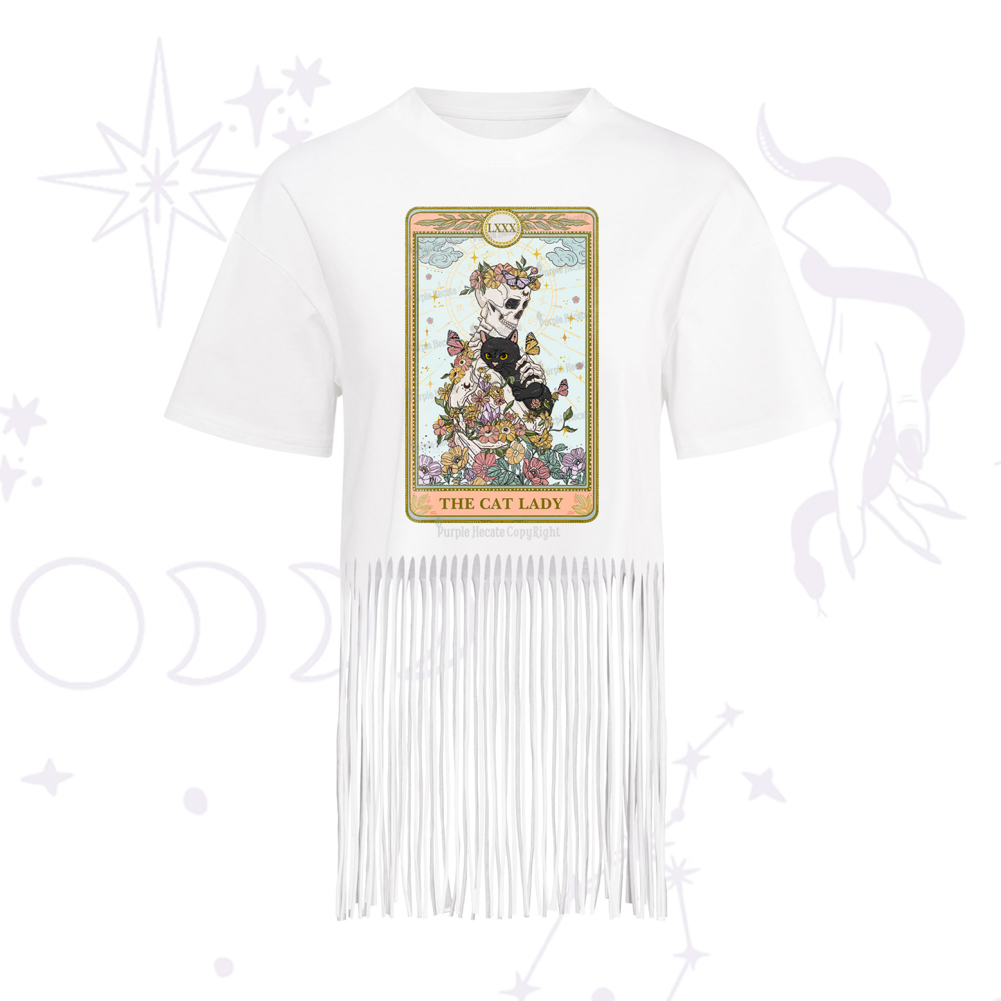 Purplehecate The Cat Lady Skeleton Tarot Fringe Hem T-Shirt
