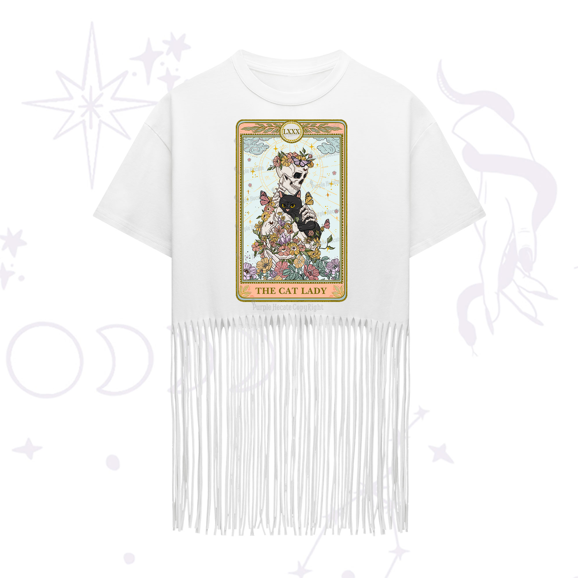 Purplehecate The Cat Lady Skeleton Tarot Fringe Hem T-Shirt