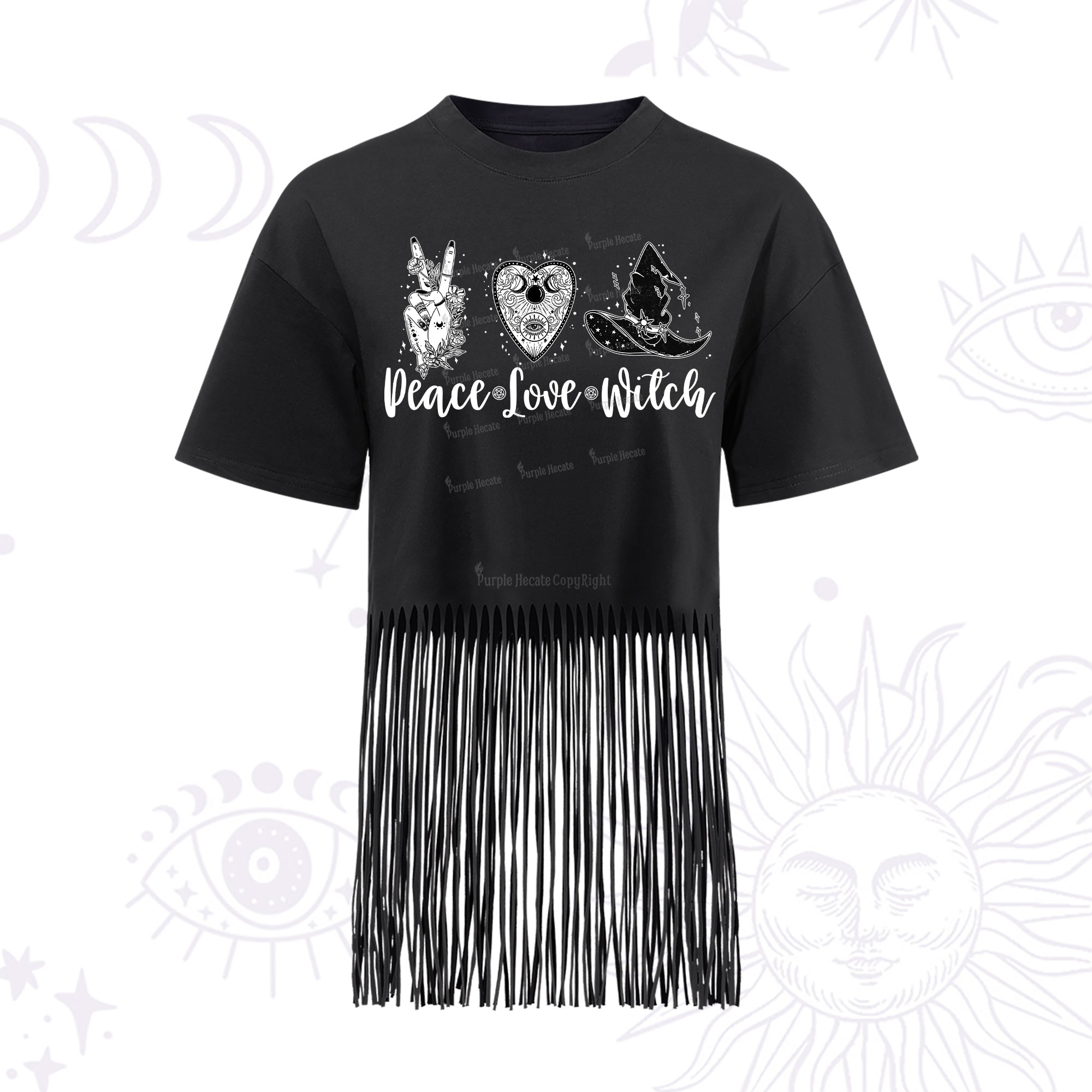 Purplehecate Peace Love Witch Fringe Hem T-Shirt