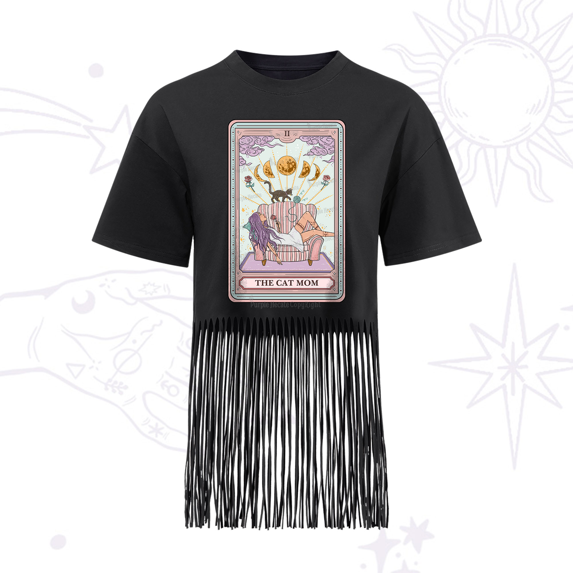 Purplehecate The Cat Mom Tarot Fringe Hem T-Shirt