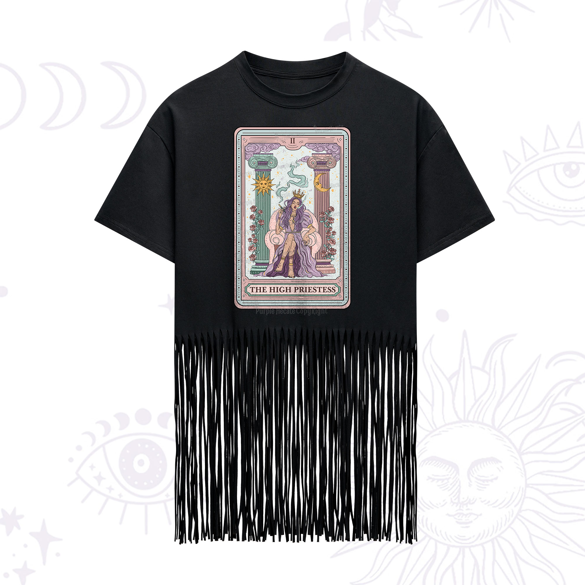 Purplehecate The High Priestess Tarot Card Fringe Hem T-Shirt