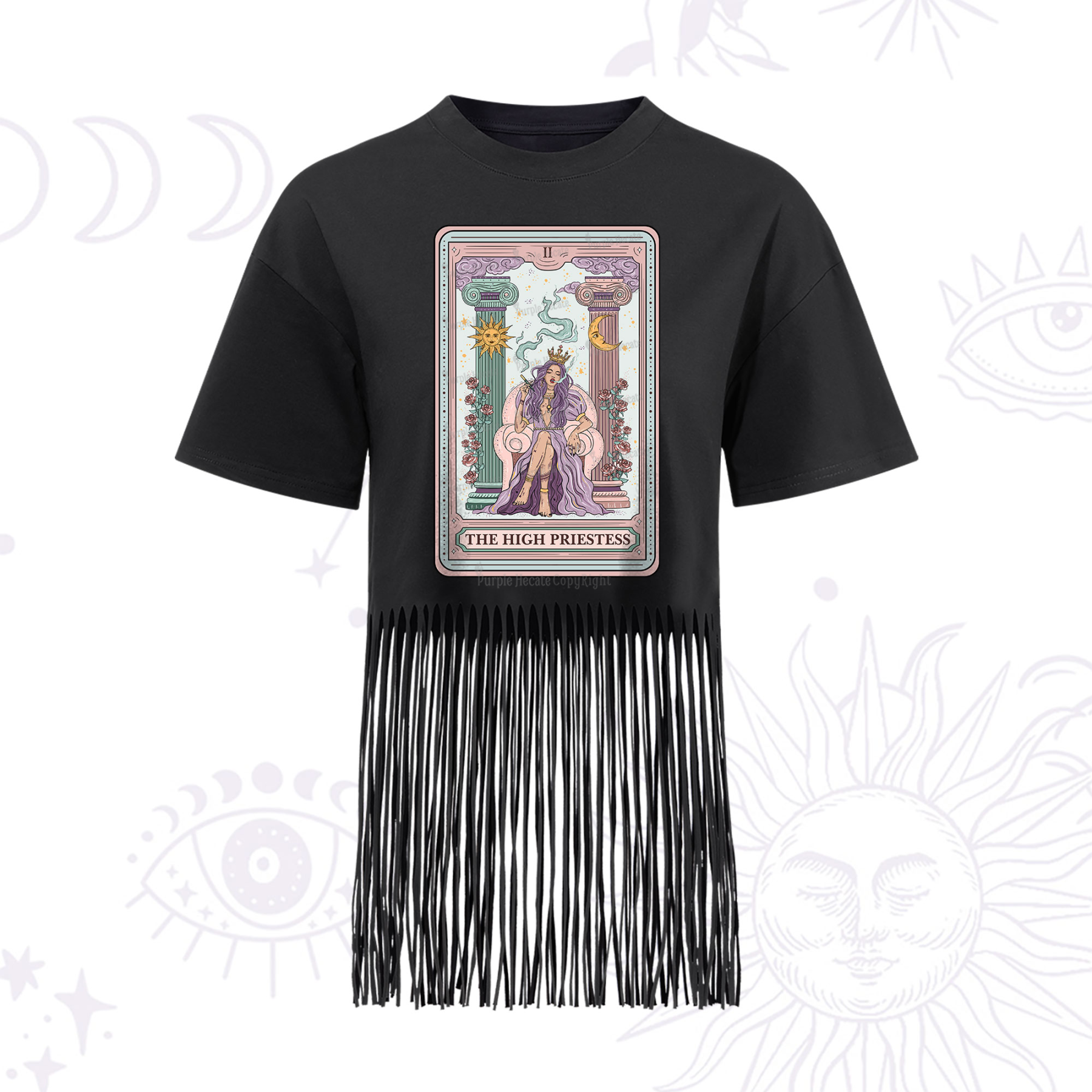 Purplehecate The High Priestess Tarot Card Fringe Hem T-Shirt