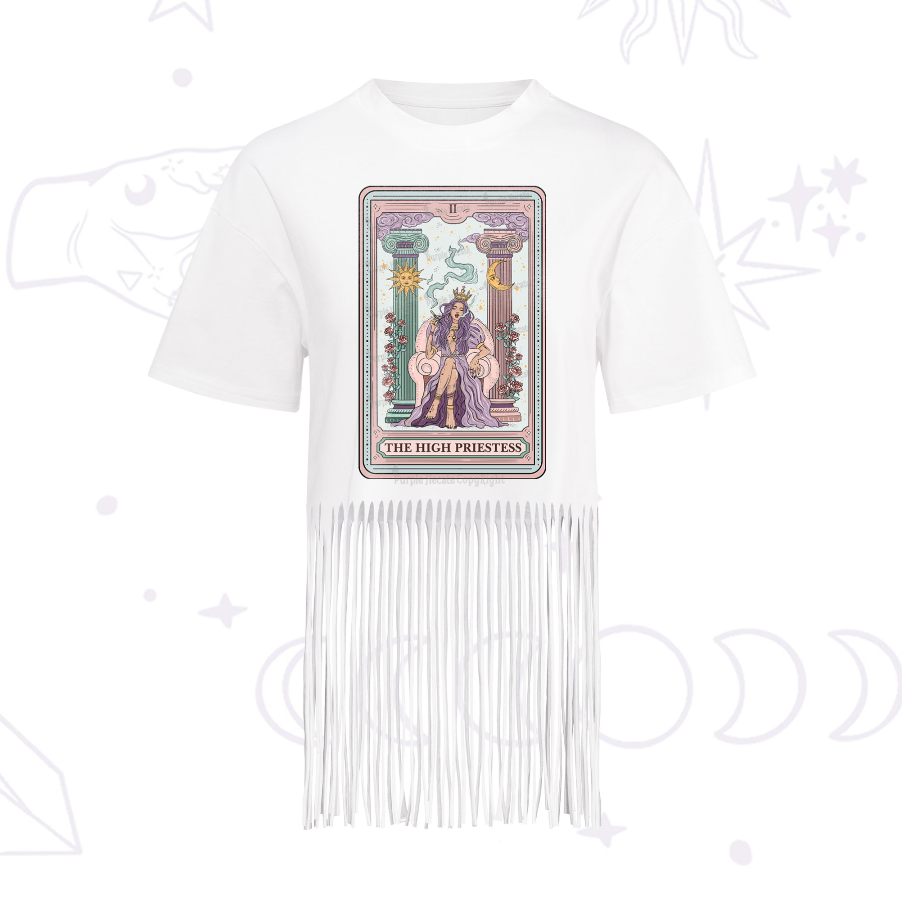 Purplehecate The High Priestess Tarot Card Fringe Hem T-Shirt