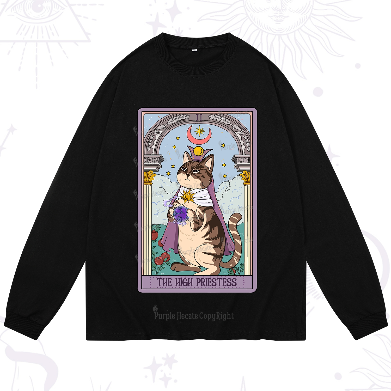 Purplehecate The High Priestess Cat Tarot Long Sleeve T-Shirt